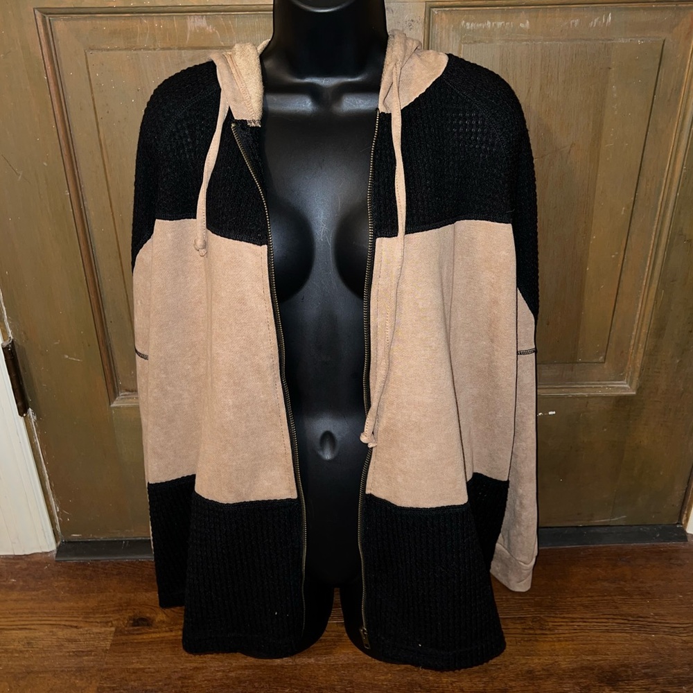 Tan & Black Boho Long Sleeve Full Zip Up Hooded Colorblock Jacket Size L - Picture 8 of 11